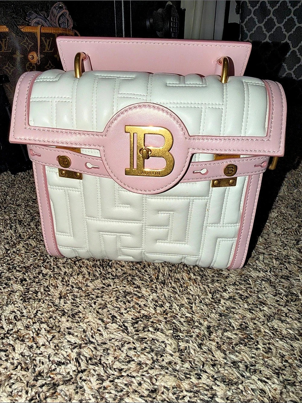 BALMAIN B-Army Quilted Shoulder Bag in Pink & White Like New